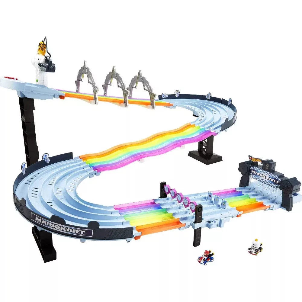 Toy race track set with rainbow elements and Mario Kart branding on a white background